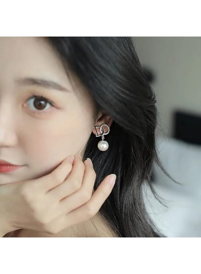Ucanbe Luxury Crystal Pearl Drop Earrings with DO Letter | Elegant Shiny Fashion Jewelry for Women & Girls - Image 2